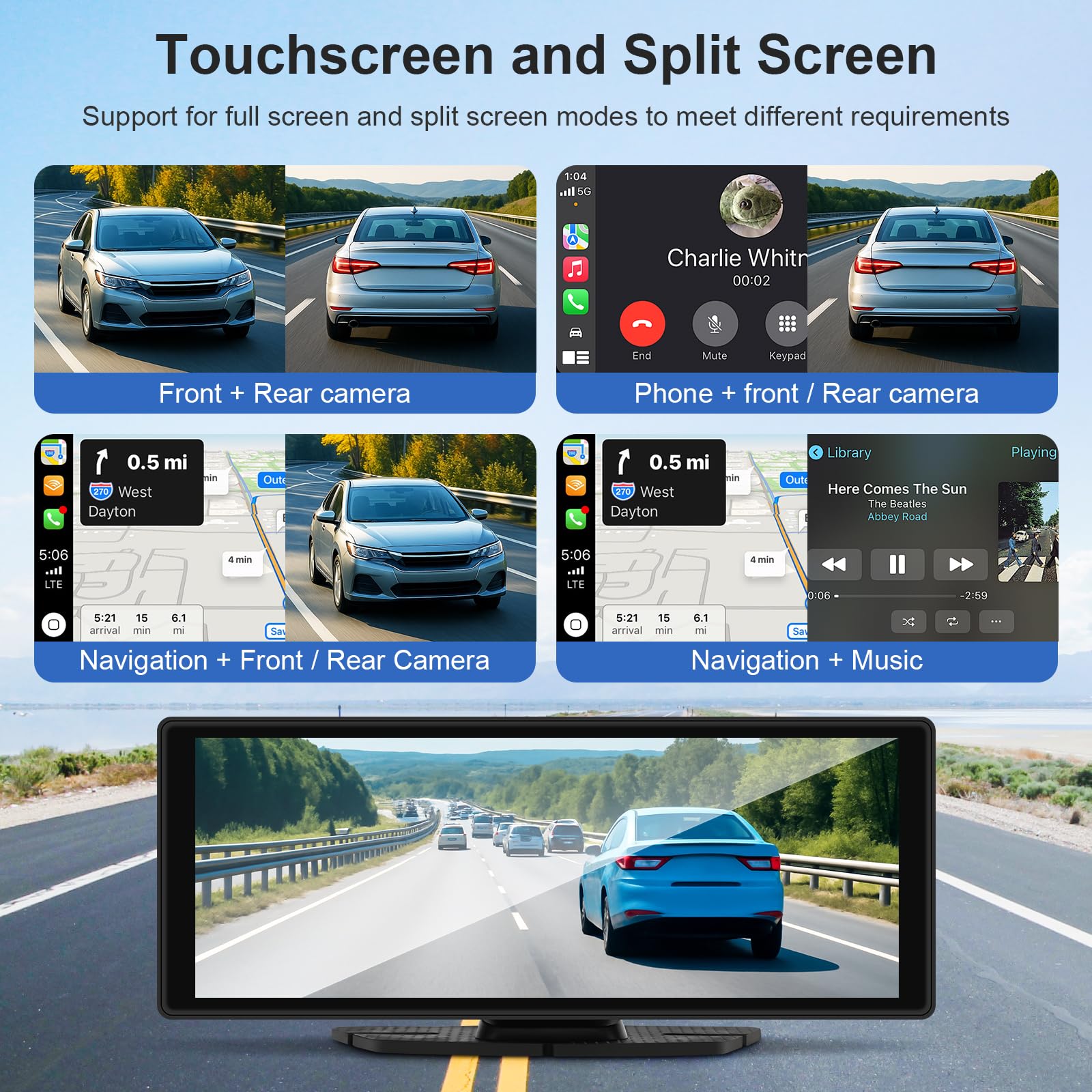 10,26 Zoll Carplay Display - Wireless Android Auto Car Play Display mit 4K Dashcam 1080P Rückfahrkamera IPS Touchscreen Bluetooth Mirror Link Split Screen FM Radio/AUX 64G TF