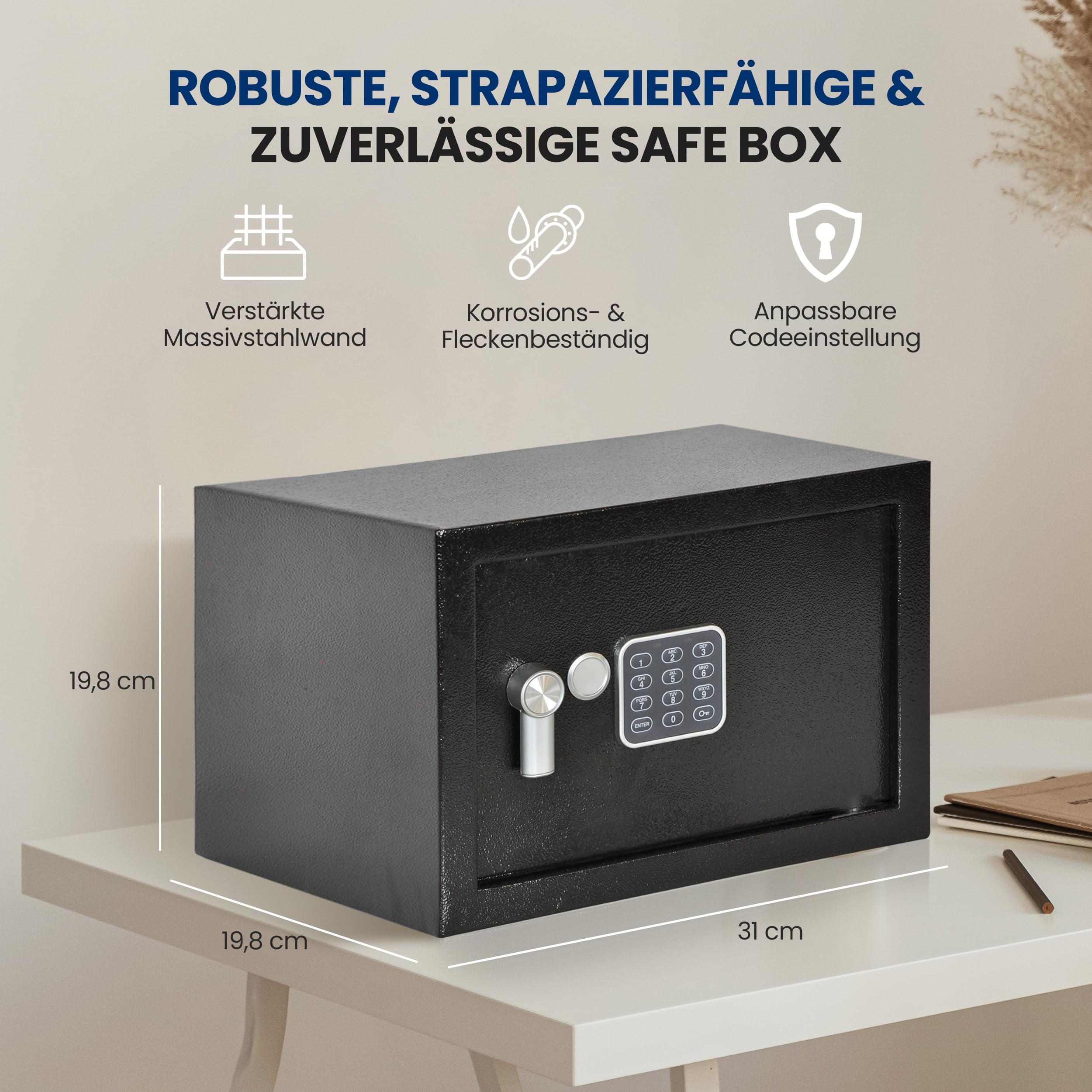 SereneLife Tresor, Elektr. Safe- 15L, 31x20x20cm- Kompakt, Robust mit Gepolsterter Innenraum & Zahlenschloss, Sicher für Bargeld, Schmuck & Wertsachen, Doppelbolzen, Für Zuhause & Büro