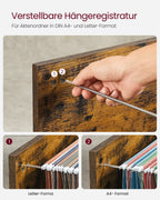 VASAGLE Rollcontainer, Aktenschrank, mit 3 Schubladen und Rollen, offene Fächer, für Dokumente in DIN A4-, Letter-Format, Druckerständer, Industrie-Design, vintagebraun-schwarz OFC041B01