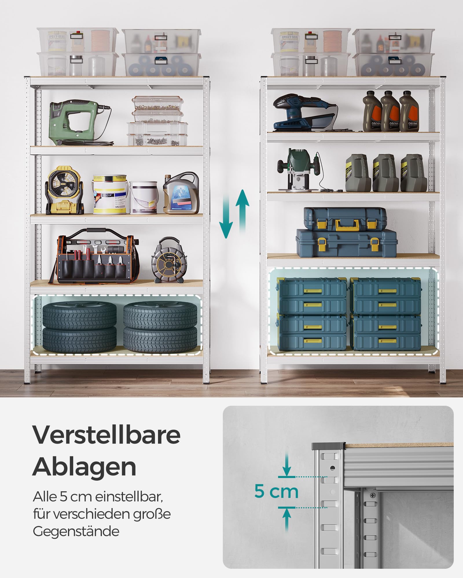 SONGMICS 2 Stück 5 Ebenen Lagerregal Bolzenlose Montage 750 kg Tragkraft 60 x 120 x 200 cm Silber GLR060E02