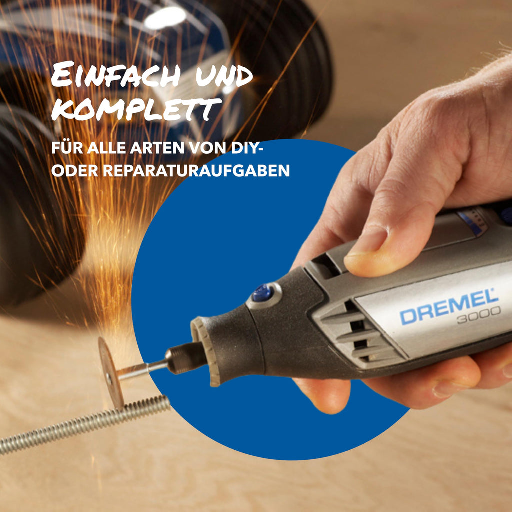 Dremel 3000 Multifunktionswerkzeug 130W, Set mit 1 Aufsatz, 25 Zubehörteilen, Variable Drehzahl 10.000-33.000 U/min zum Schneiden, Schleifen, Gravieren, Polieren, Schärfen, Reinigen, Schnitzen