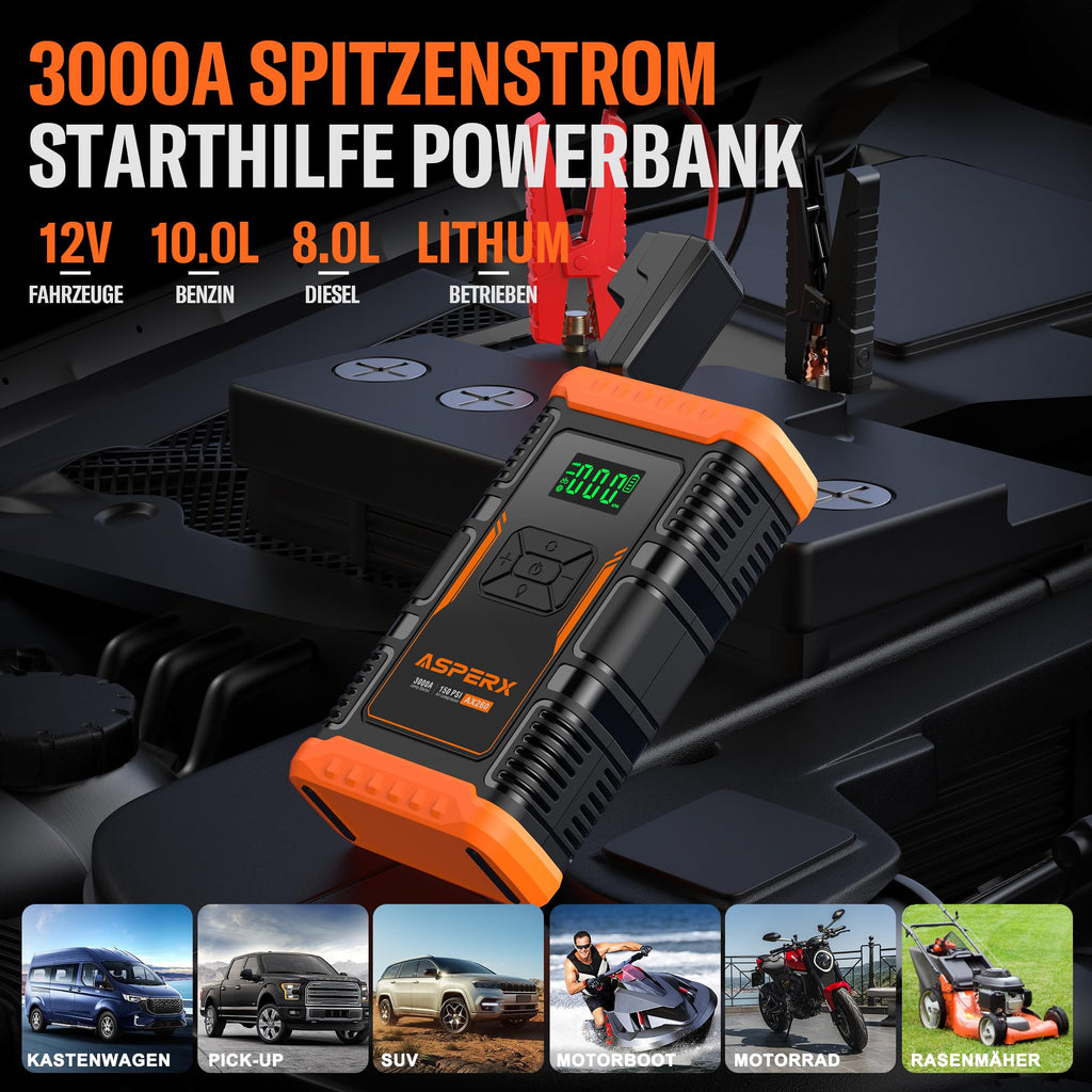 ASPERX Starthilfe Powerbank mit Kompressor,150PSI 3000A Auto Starthilfe Powerbank mit LED Taschenlampe Starthilfekabel,Jump Starter für 12V Motorrad SUV (Bis Zu 10L Benzin Oder 8L Diesel)