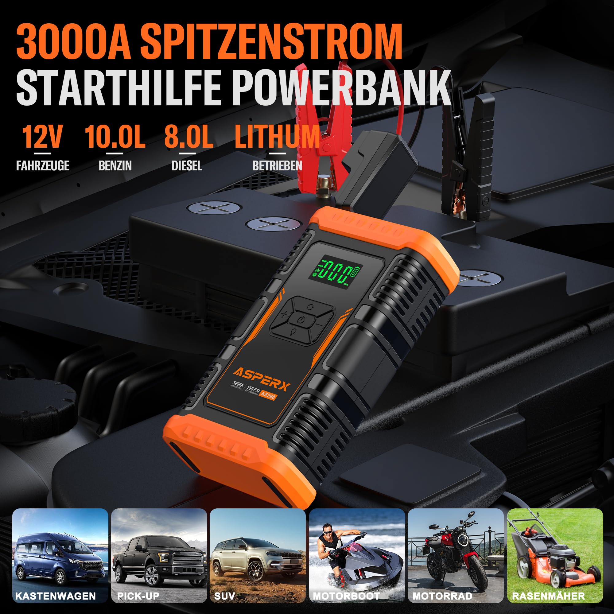 ASPERX Starthilfe Powerbank mit Kompressor,150PSI 3000A Auto Starthilfe Powerbank mit LED Taschenlampe Starthilfekabel,Jump Starter für 12V Motorrad SUV (Bis Zu 10L Benzin Oder 8L Diesel)