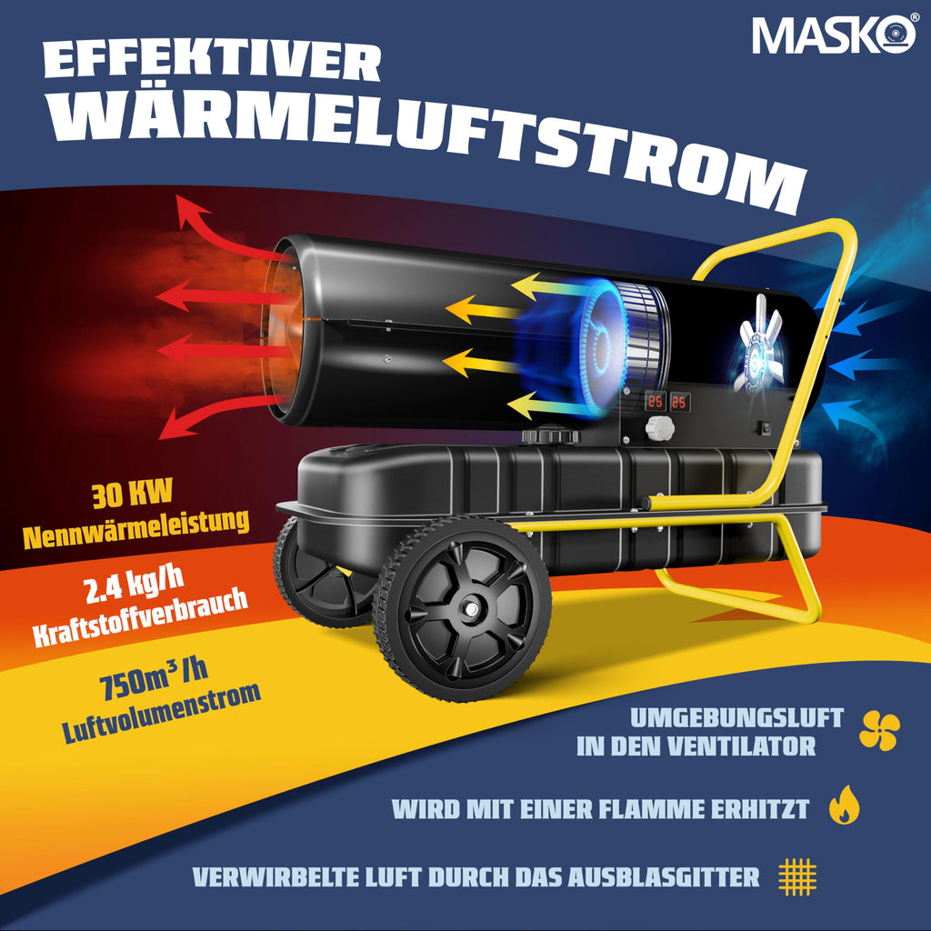 MASKO® Heizkanone 30kW Diesel Bautrockner Bauheizer Heißluftgenerator Heizgebläse 38L Tank mit Thermostat Ölheizer Luftstrom 750m³/h/Stunde Ölbeheizung Heizlüfter Heizstrahler Schwarz