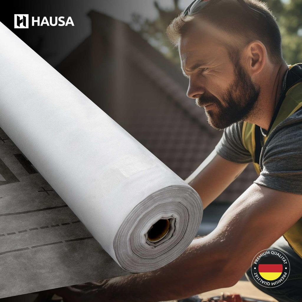 Unterspannbahn 100g/m² flexible dreilagige hochdiffusionsoffene Unterdeckbahn 1,5m x 50m (75m²) reißfest witterungsbeständig ohne Selbstklebestreifen wasserdicht Schalungsbahn HAUSA Classic HU100