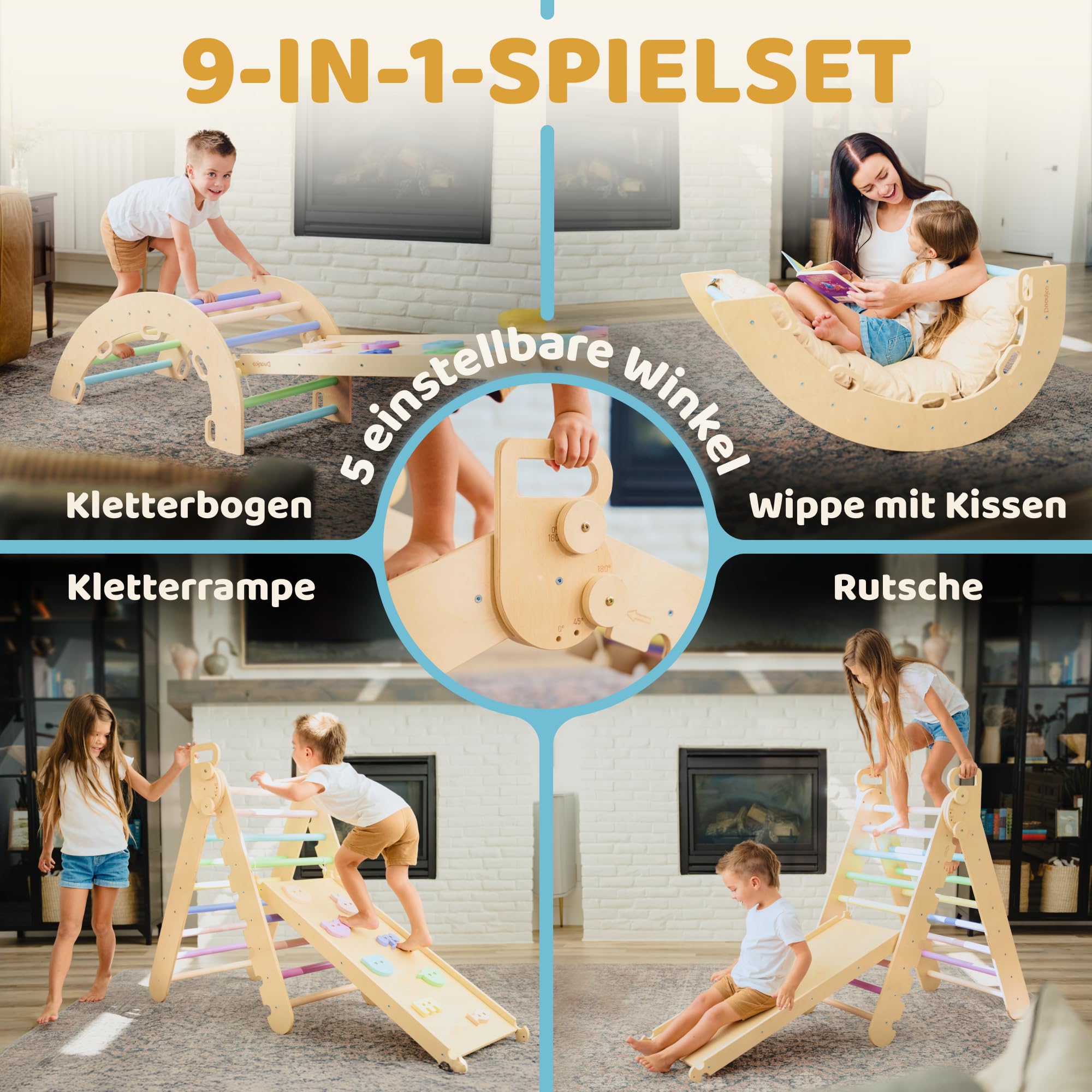 Duanico Großes 9in1 Kinder & Baby Kletterdreieck aus Holz, verstellbar in 5 Winkeln, Rutsche Wippe, Kletterbogen Kissen, Montessori Kletter Spielzeug für Kinder 1–7 Jahre, Klettergerüst Indoor