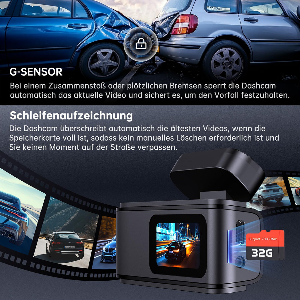 Dashcam Auto Vorne Hinten 2,5K + 1080P, Dash Cam mit WiFi, 32GB Karte, Dual-Autokamera mit 170 ° Weitwinkel, Super Nachtsicht, Auto Kamera mit Parküberwachung, G-Sensor, App-Steuerung, Loop-Aufnahme