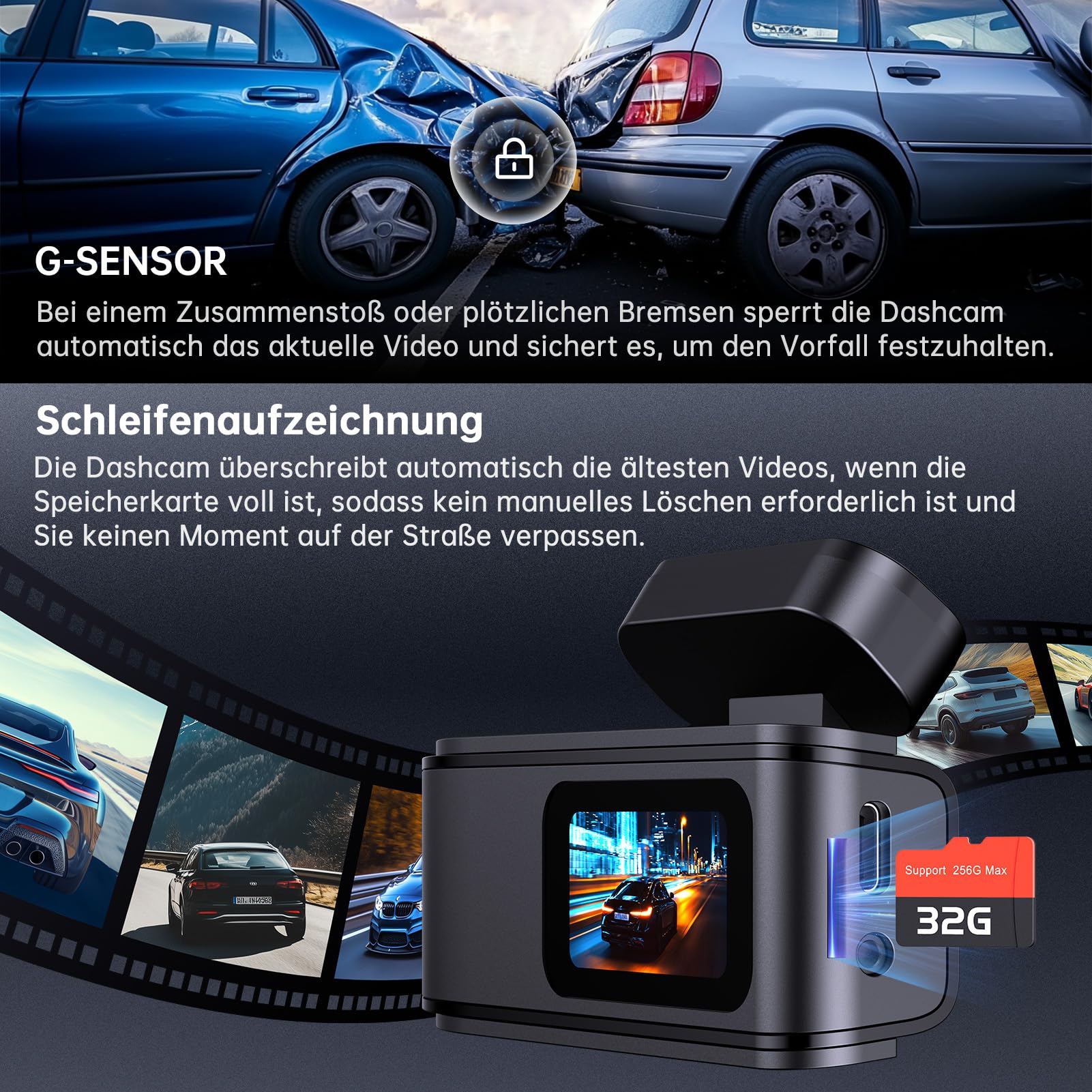 Dashcam Auto Vorne Hinten 2,5K + 1080P, Dash Cam mit WiFi, 32GB Karte, Dual-Autokamera mit 170 ° Weitwinkel, Super Nachtsicht, Auto Kamera mit Parküberwachung, G-Sensor, App-Steuerung, Loop-Aufnahme