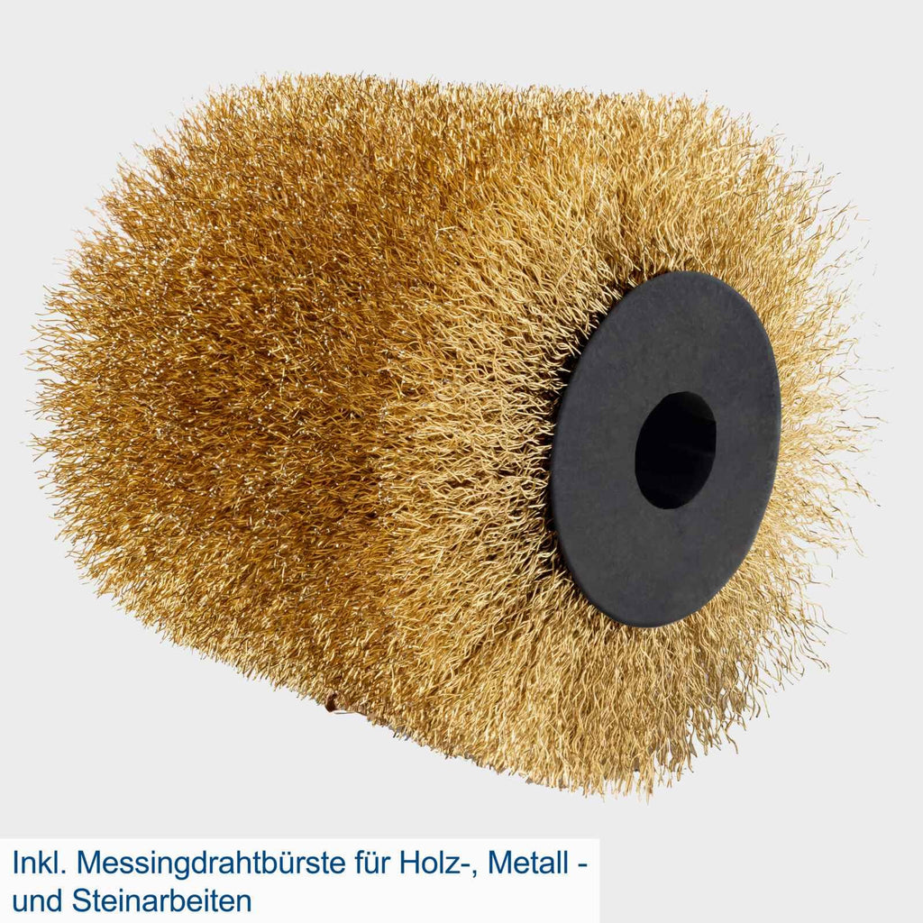 Scheppach Satiniermaschine MRS1300 Schleifmaschine Bürstenschleifer mit Messingdrahtbürste | Softstart | 1300W | 100mm Bürstenbreite mit Ø120mm | variable Drehzahl | Anschluss für Absauganlage