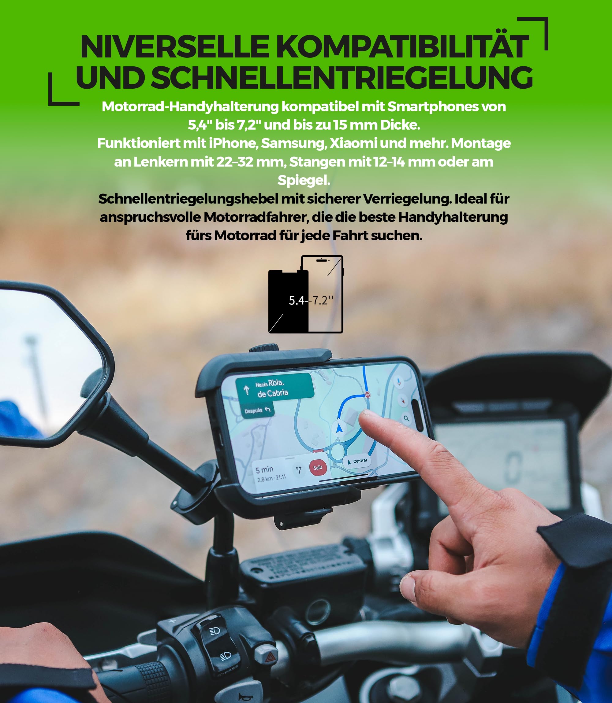 Handyhalterung Motorrad 【Doppelte Antivibrations-Technologie】mit Aluminiumkörper und Ring Motorrad Handyhalterung 5,4 bis 7,2" Handyhalter Fahrrad 【Schnellverschluss】 Phone Holder Bike als Geschenk