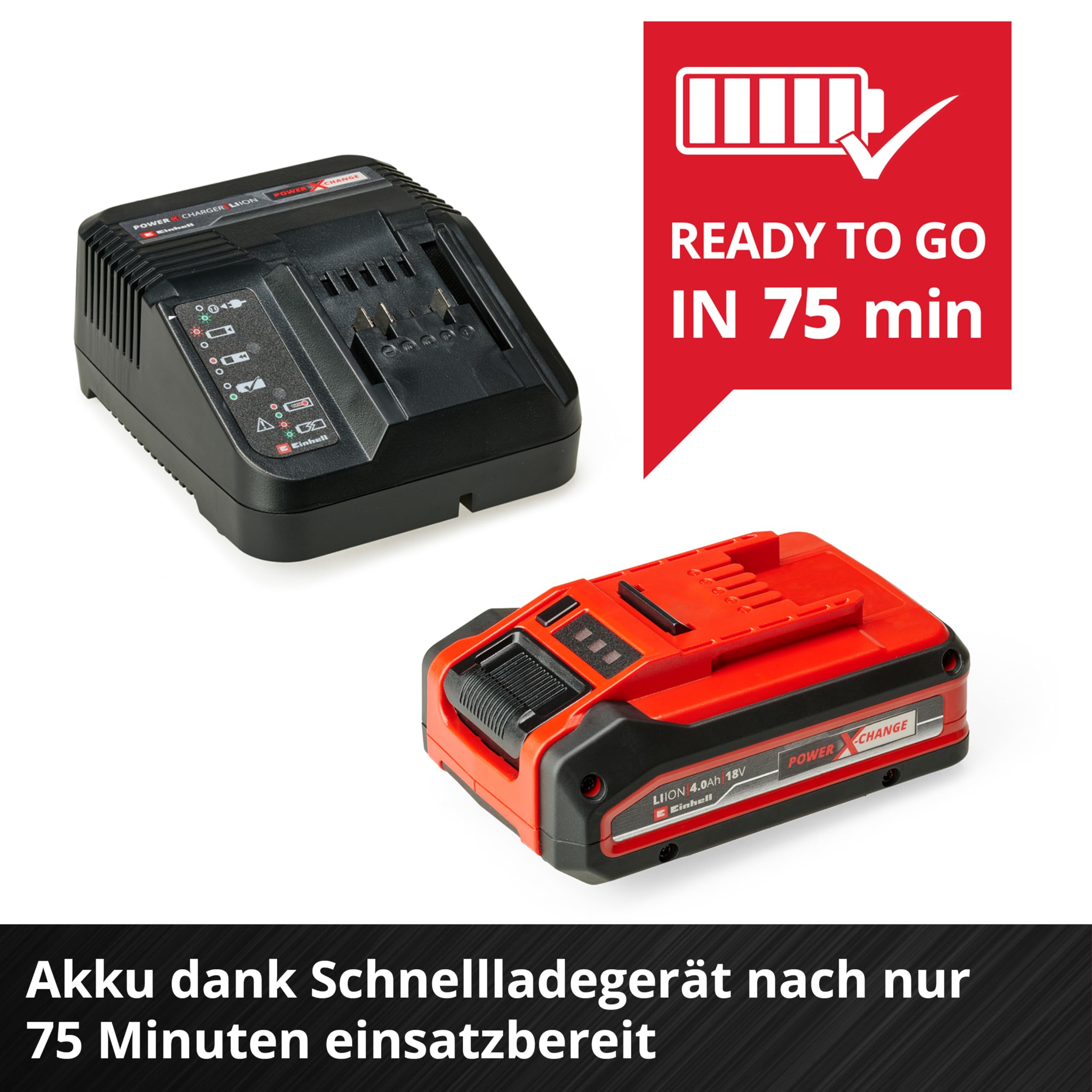 Original Einhell 4 Ah PLUS Power X-Change Starter Kit (1x 18 V 4 Ah PLUS Akku, 1x 3 A Ladegerät, 75 min Ladezeit, passend für alle Power X-Change Geräte)