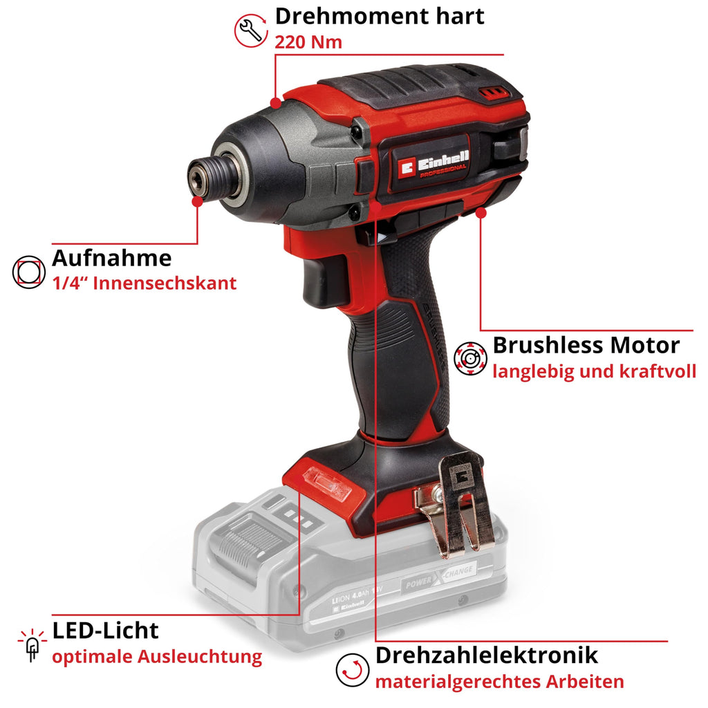 Einhell Professional Akku-Schlagschrauber TP-CI 18/220 Li BL-Solo Power X-Change (18 V, 220 Nm, Brushless, Innensechskant-Aufnahme, Drehzahlregulierung, ohne Akku)