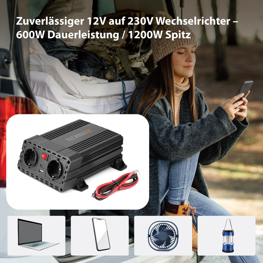 Technaxx KFZ Wechselrichter 12V auf 230V - TÜV Rheinland zertifiziert Auto Inverter mit 2x Schuko-Stecker und 2x USB-Port - Power 600W / 1200W (Spitze) – Spannungswandler TE19