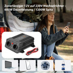 Technaxx KFZ Wechselrichter 12V auf 230V - TÜV Rheinland zertifiziert Auto Inverter mit 2x Schuko-Stecker und 2x USB-Port - Power 600W / 1200W (Spitze) – Spannungswandler TE19