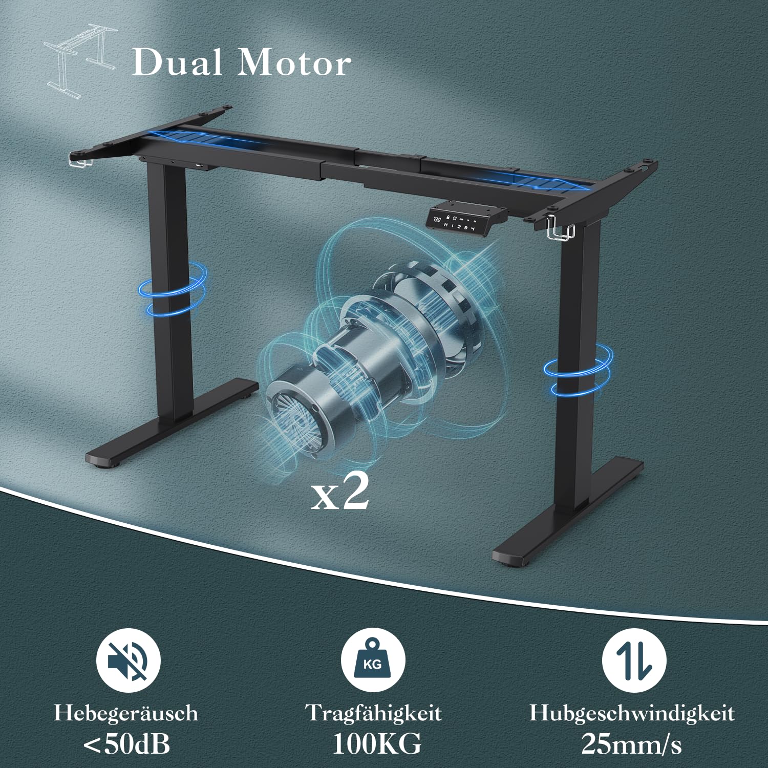 JUMMICO Dual-Motor Tischgestell Höhenverstellbar mit USB-Buchse und Kabelwanne, Elektrisch Höhenverstellbarer Schreibtisch Gestell mit Rollen (Schwarz)