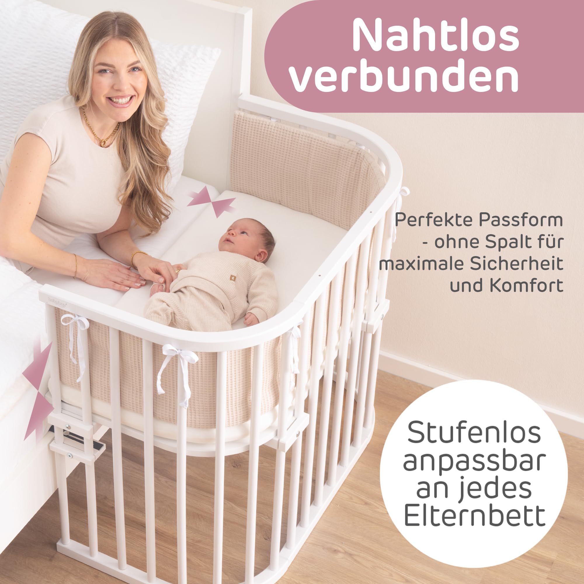 babybay Original Beistellbett aus massivem Buchenholz/kompakt & verwandelbar/Kinderbett Höhe stufenlos verstellbar/mitwachsendes Babybett (weiß lackiert) / inkl. Matratze, Gitter, Rollen