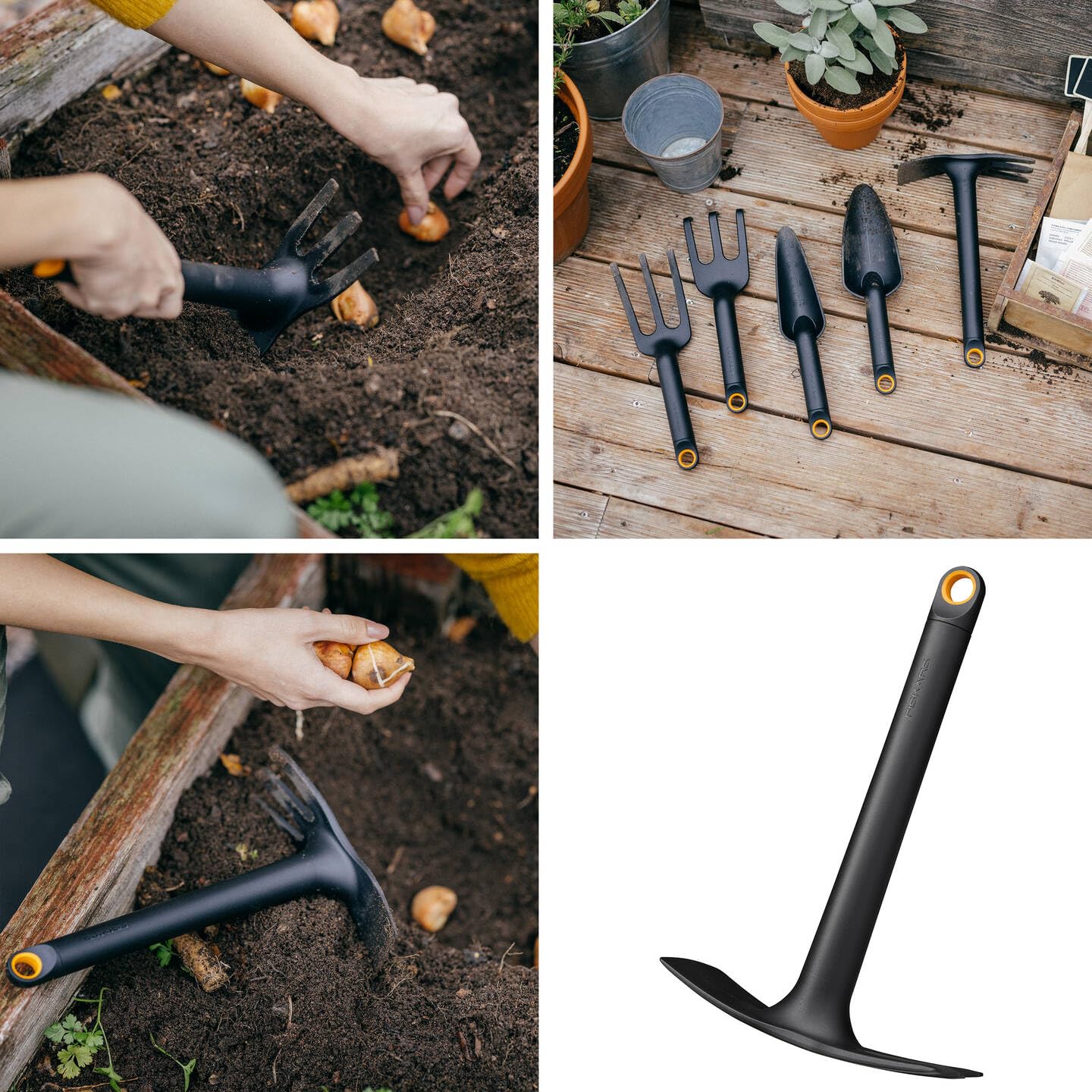Fiskars Gartenwerkzeuge-Set, 3-teilig, Xact Unkrautstecher, Rostfreier Stahl/Kunststoff, Solid-Kombihacke und -Blumenkelle, Glasfaserverstärkter Kunststoff, Schwarz/Orange, 1077307