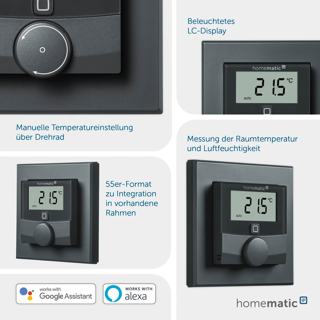 Homematic IP Smart Home Wandthermostat mit Luftfeuchtigkeitssensor, anthrazit, digitales Thermostat Heizkörper/Fußbodenheizung App, Alexa, Google Assistant, Temperaturmessung, Energie sparen, 159820A0
