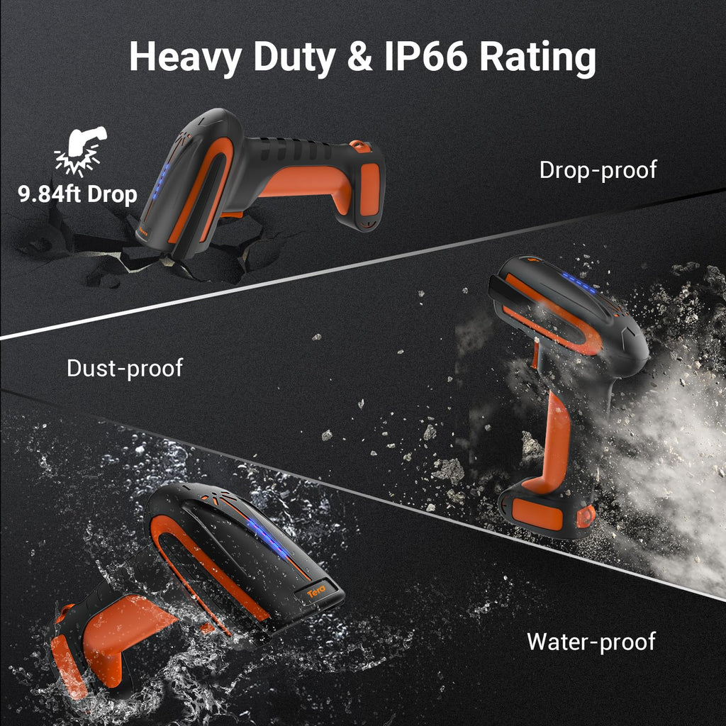 Tera Pro 3 in 1 Extreme Leistung Barcodescanner Kabellos 1D 2D QR Bluetooth Kabellos 2,4G & Kabelgebunden USB-C Industriell 1D Barcode Scanner 2500mAh Exzellente Fallfestigkeit mit Ständer 8100 Orange