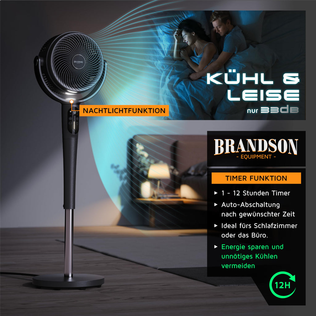 Brandson - Standventilator 3D mit ECO DC Motor – sehr leise – Preisträger 2025-60% Energieeinsparung – Ventilator mit 24 Geschwindigkeiten – horizontale und vertikale Oszillation – Fernbedienung