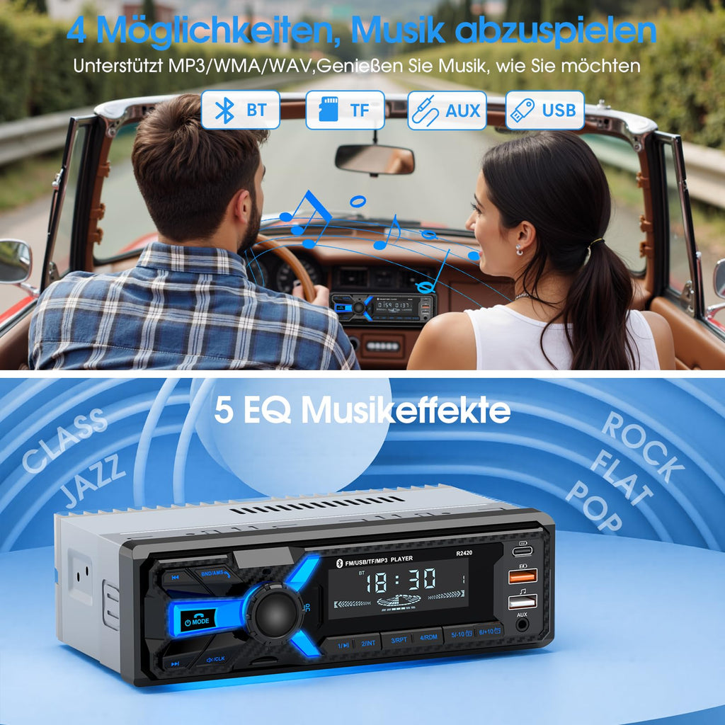 RDS Autoradio Bluetooth mit Typ-C-Ladeanschluss, CENXINY Autoradio 1DIN Bluetooth 5.0 Unterstützt 2USB/AUX/SD/TF/EQ/DSP/Android und iOS