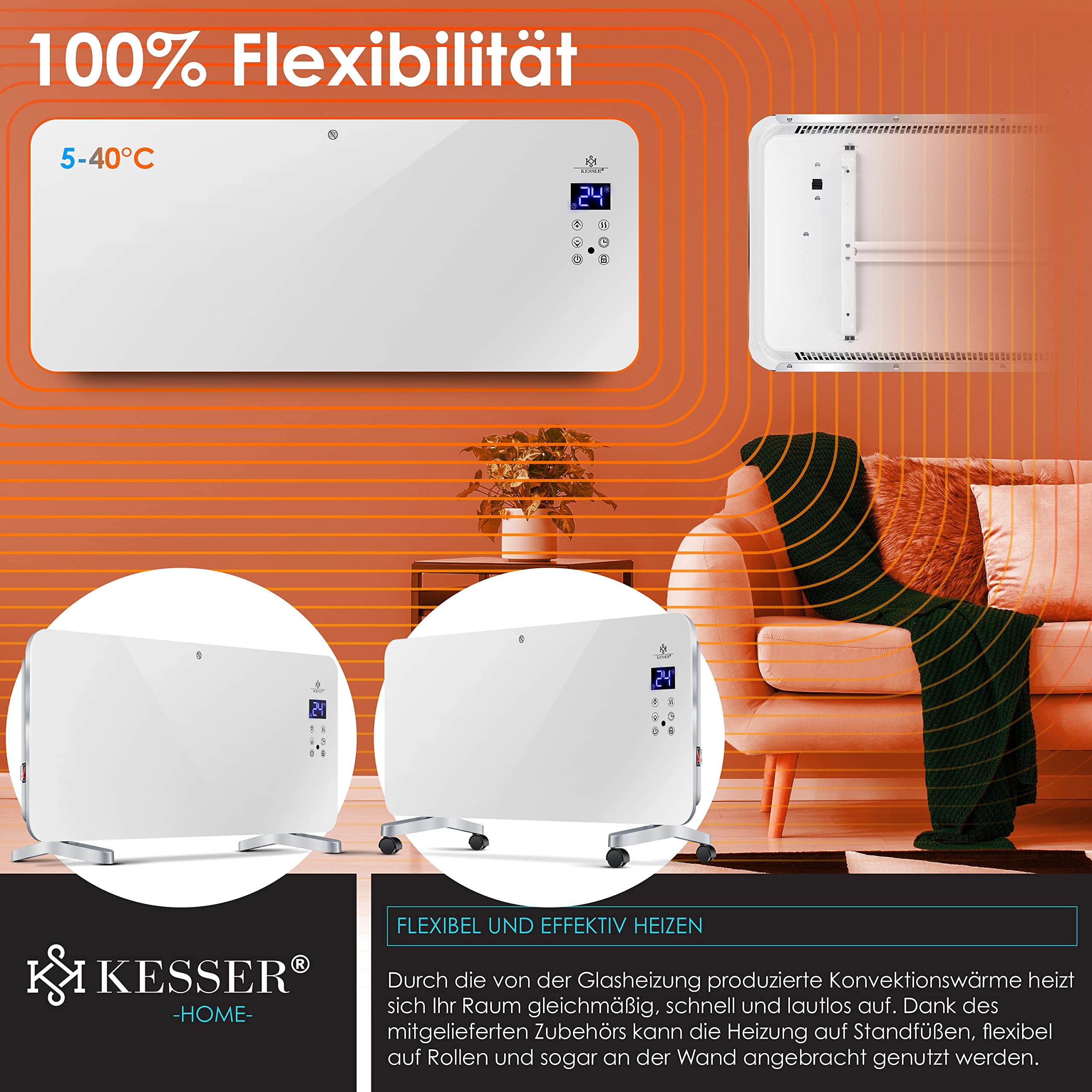 KESSER® Elektro Glasheizung Glaskonvektor Elektroheizung Heizung Heizkörper ✓ Touchscreen ✓ APP WiFi Funktion Inkl. Fernbedienung ✓ LCD-Display ✓ Timer | Stand- oder Wandgerät | 2000 Watt | Weiß