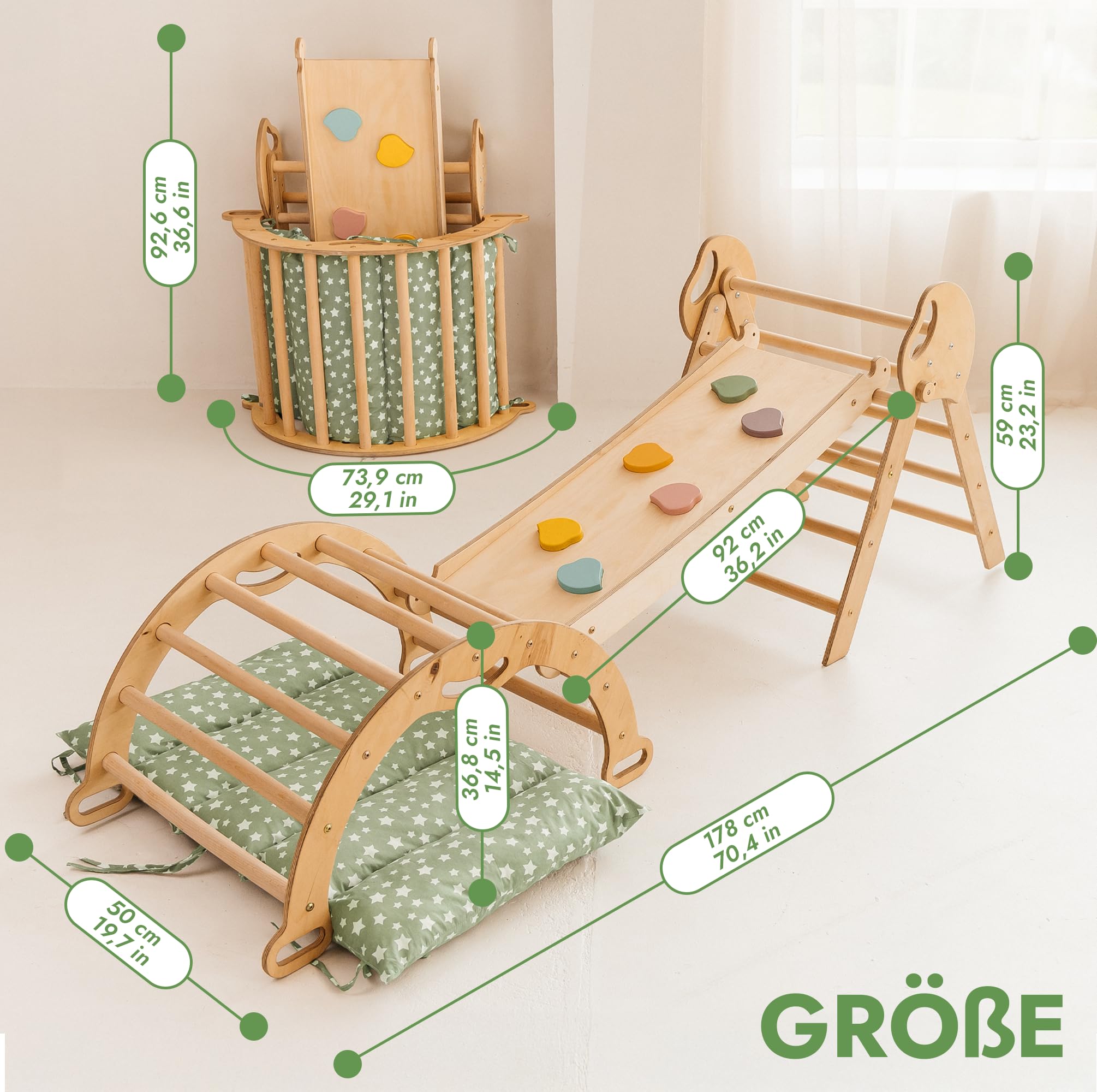 Goodevas 5-in-1 Montessori Klettergerüst Set: Indoor Kletterdreieck, Kletterbogen mit Kissen, und Rutsche für Kinder, Indoor Spielplatz 1-3 Jahre