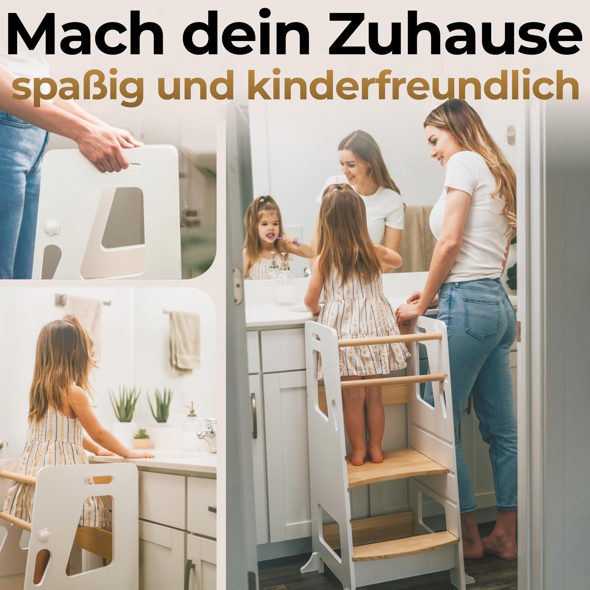 BEY & CO® Lernturm/Entdeckerturm aus Holz – Küchenhelfer für Kinder – 3-Fach höhenverstellbar, mit Rutschfester Oberfläche und kippsicheren Füßen - Montessori-Methode - Ab 12 Monaten (Weiß)