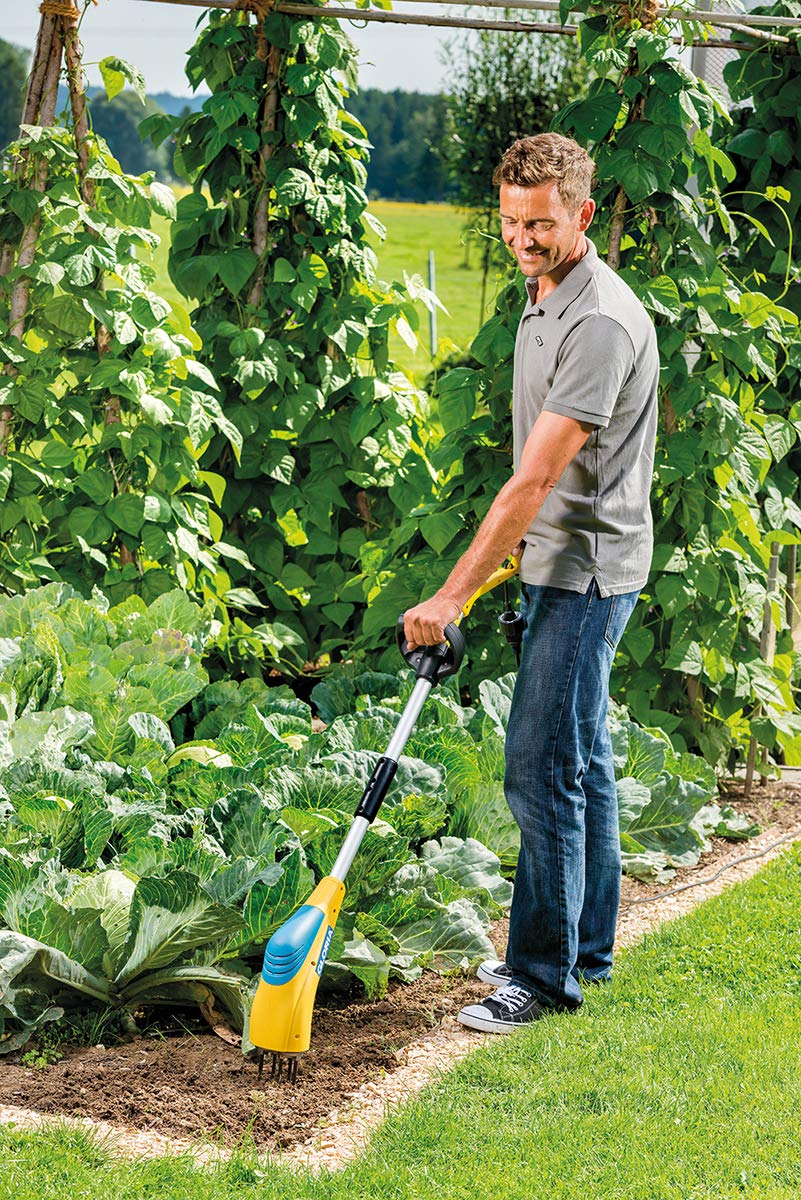 GLORIA Elektrischer Bodenkrümler Gardenboy Plus | Elektrische 4-in-1 Gartenhacke & Motorhacke | Unkrautentferner, Kultivator & Kantenpfleger | Gartenkralle mit 8 cm Arbeitstiefe | Zur Bodenlockerung