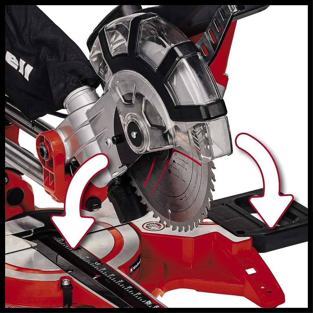 Einhell Zug-Kapp-Gehrungssäge TC-SM 2131/2 Dual (1800 W, max. 62 mm x 310 mm Schnitttiefe/-breite, Ø 210 mm Sägeblatt, beidseitig neigbarer Sägekopf, Zugfunktion, Laser)