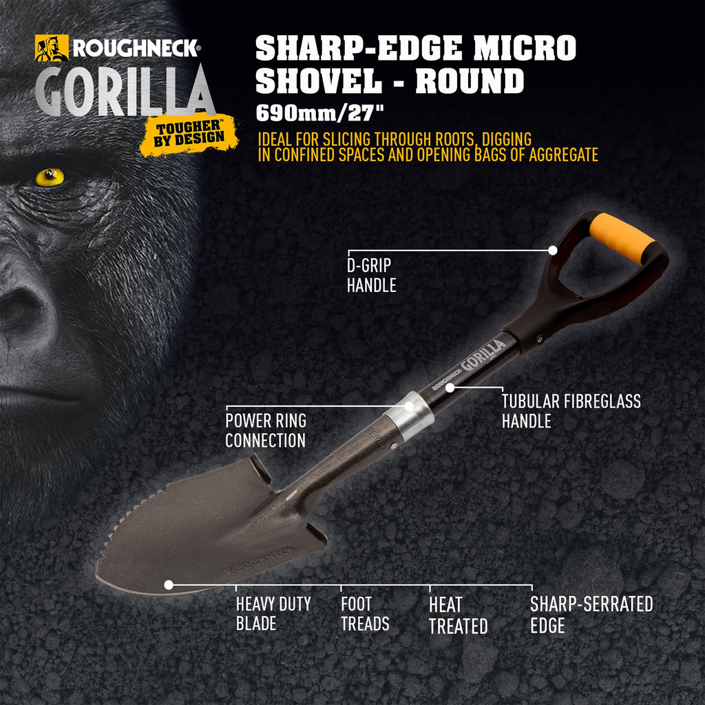 Roughneck Gorilla Scharfkantige Mikroschaufel, Robustes Rundblatt, kurzer Stiel zum Schneiden, Graben und Öffnen von Schüttgutsäcken in kleinen, kompakten Räumen – 690 mm (27 Zoll)