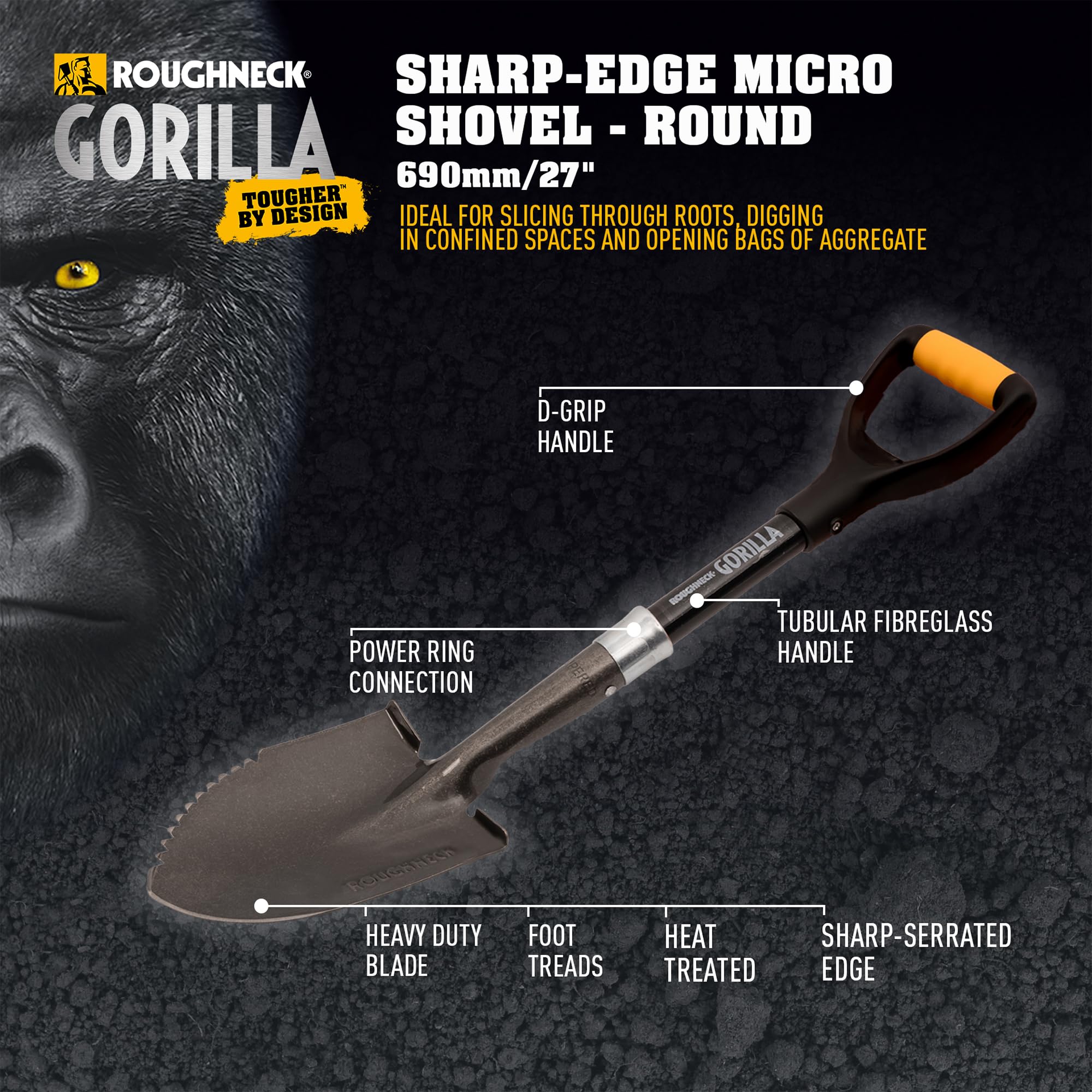 Roughneck Gorilla Scharfkantige Mikroschaufel, Robustes Rundblatt, kurzer Stiel zum Schneiden, Graben und Öffnen von Schüttgutsäcken in kleinen, kompakten Räumen – 690 mm (27 Zoll)