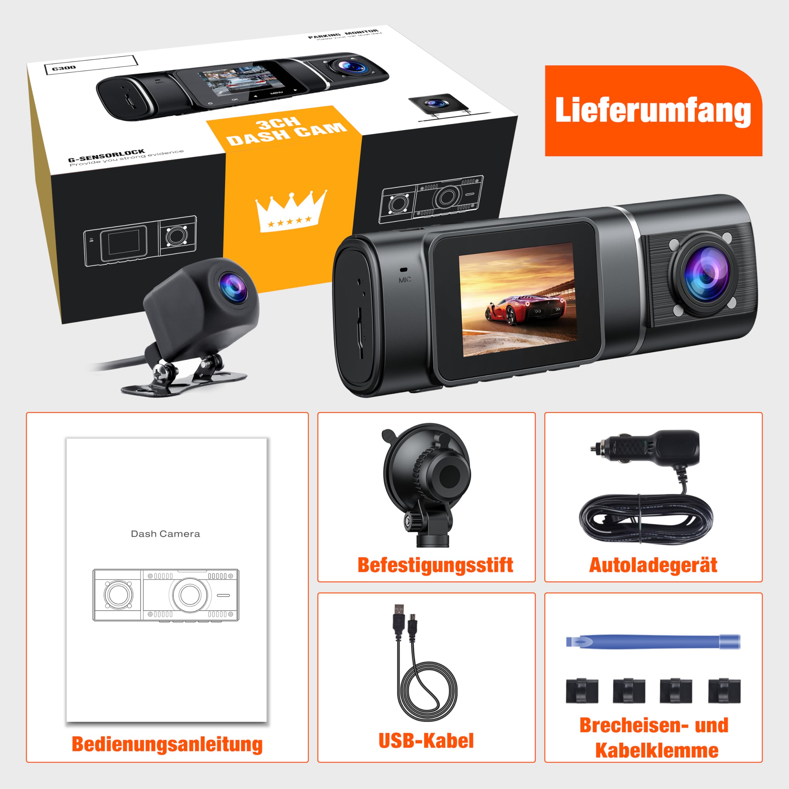 Volam 3 Kanal Dashcam Auto Vorne Hinten und Innen mit Akku, 1080P Dash Cam mit Auto Kamera Parküberwachung, Infrarot Nachtsicht WDR, G Sensor, 170° Weitwinkel Dash Camera mit Rückfahrkamera