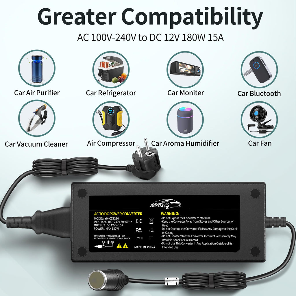 BGFOX 180W/15A KFZ Netzadapter, 2.65M Spannungswandler 230V auf 12V, 220V Wechselrichter Adapter mit Zigarettenanzünder-Buchse für Kühlbox, Autostaubsauger, Autokühlschrank, Kompressor, Reifenfüller