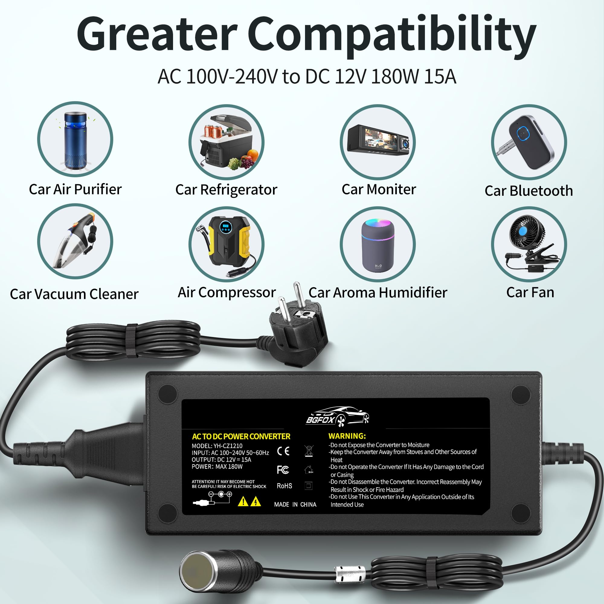 BGFOX 180W/15A KFZ Netzadapter, 2.65M Spannungswandler 230V auf 12V, 220V Wechselrichter Adapter mit Zigarettenanzünder-Buchse für Kühlbox, Autostaubsauger, Autokühlschrank, Kompressor, Reifenfüller