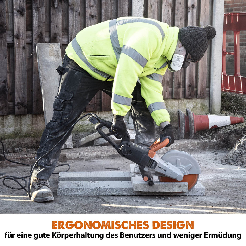 Evolution R255DCT Betonsäge Elektrische Steinsäge 2000W Steinschneidemaschine 255 mm Scheibendurchmesser Sägeblatt Premium Diamantblatt, 102.5 mm Schnitttiefe, schneidet Mauerwerk Gehwegplatten Beton