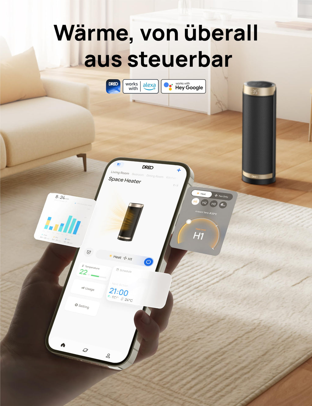 Dreo 2000W Smart Heizlüfter fürs Schlafzimmer, 16 Zoll Tragbarer Heizstrahler mit 70° Oszillation, Thermostat & Fernbedienung, 3 Modi, 3 Geschwindigkeiten, 12h Timer Elektroheizung für Räume