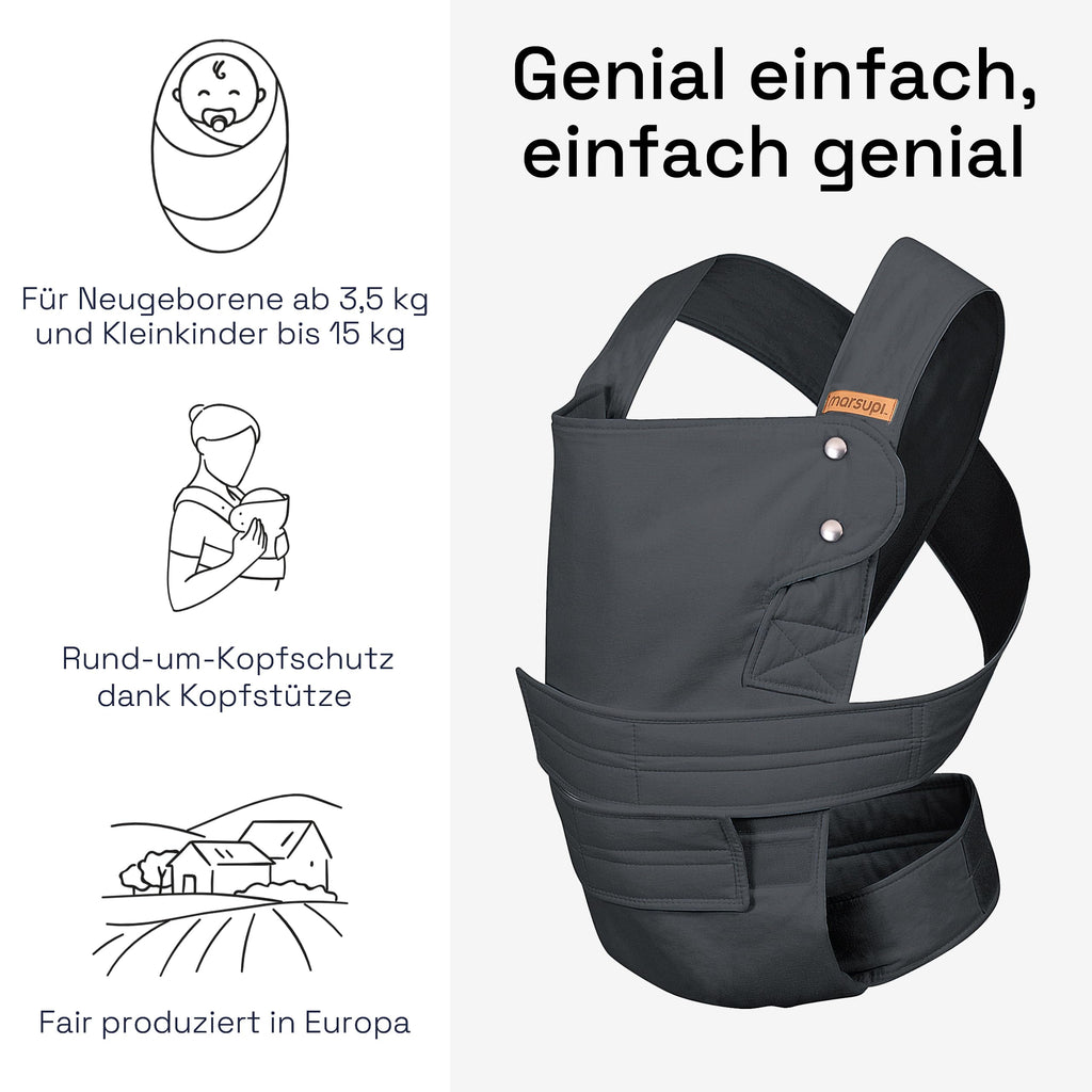 marsupi Classic Babytrage - Neugeborene von der Geburt bis zu 15 kg - Baby Erstaustattung - Klett-Verschluss - Leicht und Kompakt - Grey XL