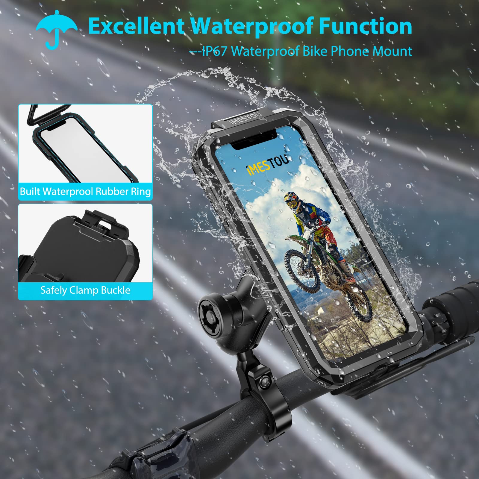 iMESTOU wasserdichte Motorrad Telefon Halterung Fahrrad Telefonhalterung 1 "Kugel Lenker Stamm Mobiler Halter Anti-Dieb 720 ° Rotations Aluminiumbasis für 5,5" -6.8 "Cellphones (L)