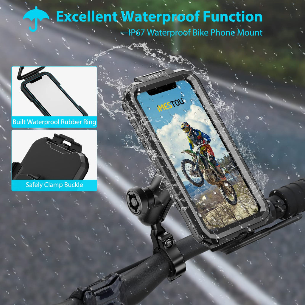 iMESTOU wasserdichte IP67 Motorrad Telefonhalterung, Fahrradhalterung mit 2,5 cm (1 Zoll) Doppelkugelsockel-Armen (S– für 3,5-6,1 Zoll Handys)