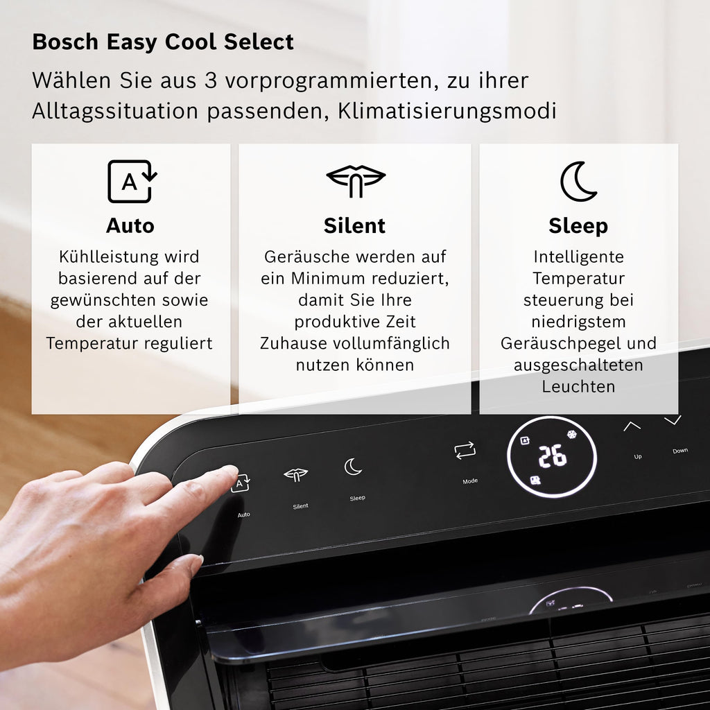 Bosch Cool 4000 Mobiles Klimagerät - 3-in-1 Klimaanlage, Luftentfeuchter, Ventilator - 2,6 kW für Räume bis zu 35m² - Mit Auto-Modus, Silent-Modus Sleep-Modus
