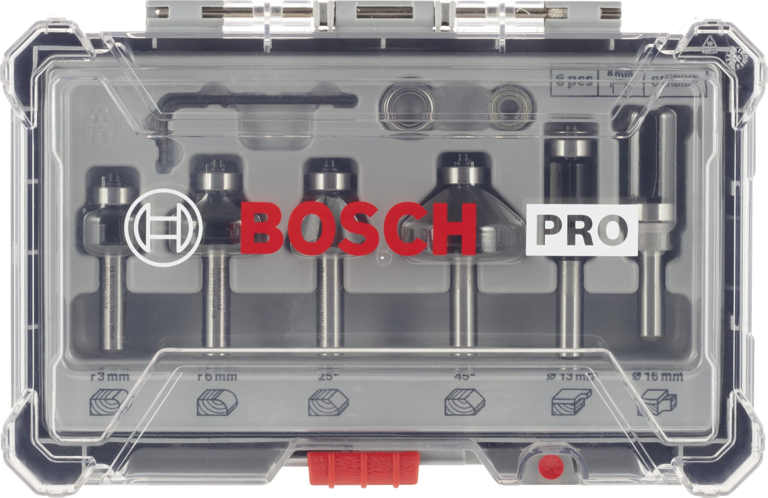 Bosch 6x PRO Rand- und Kantenfräser-Set, 6-tlg. (für Weichholz, Hartholz, Ø 19, 25, 25, 35, 13, 16 mm, Professional Zubehör Handfräse, Kantenfräse)