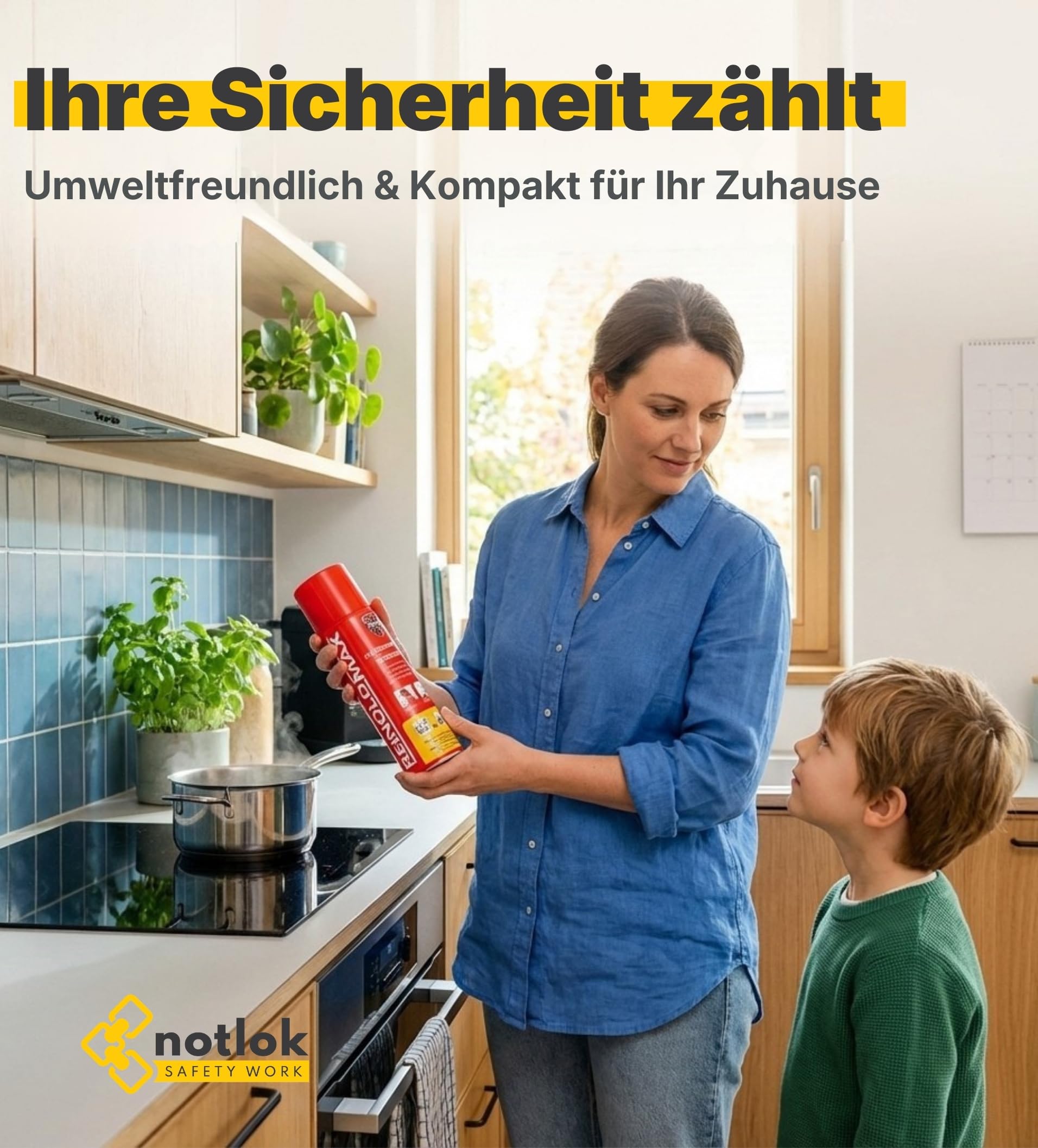 notlok Safety Work - 500g Feuerlöschspray fluorfrei | Hautfreundlicher Mini-Feuerlöscher-Schaum für Brände A F & E bis 1000 V | Klein Feuerlöscher für Zuhause & Auto