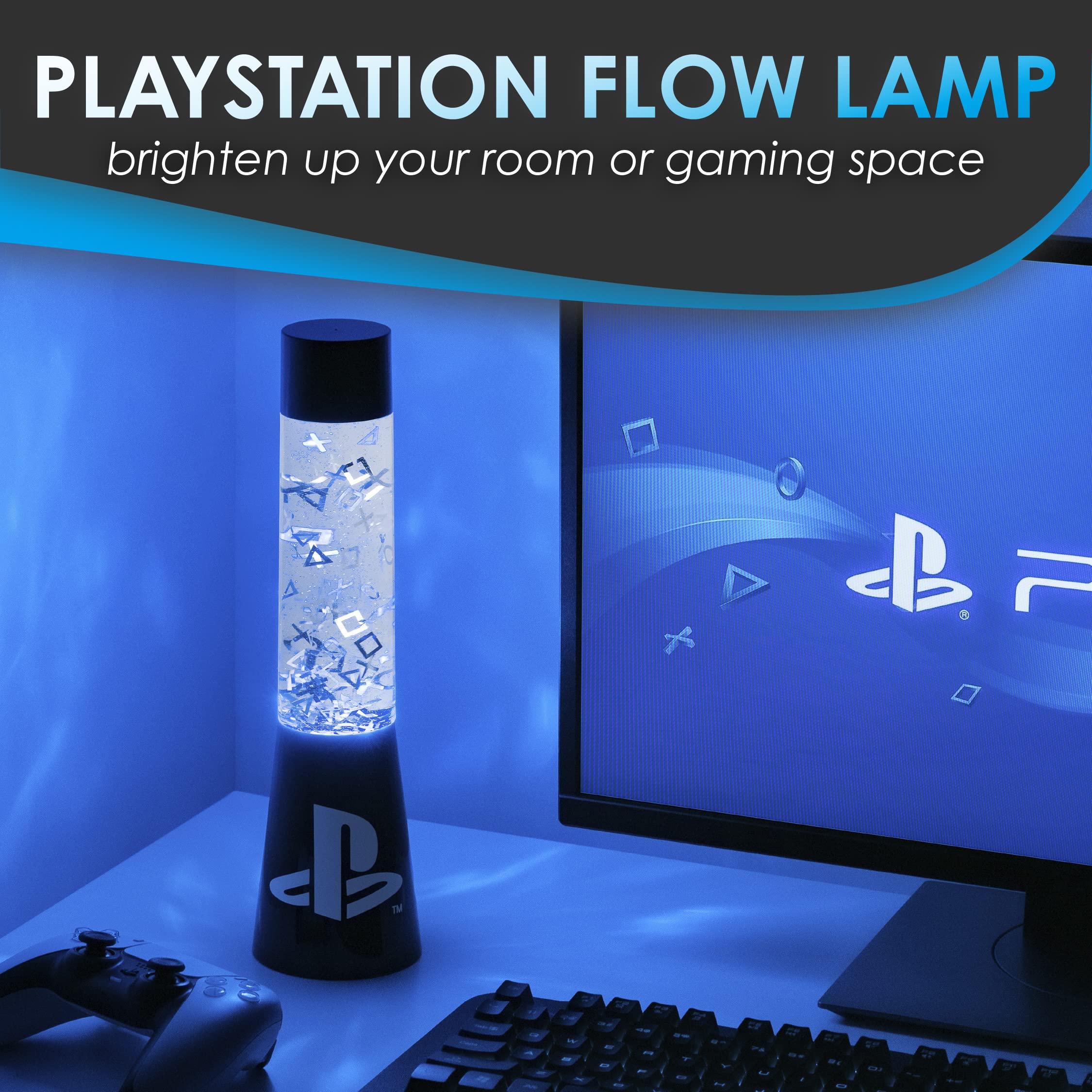 PlayStation Glitzer Flüssigkeitsfluss-Lampe mit schwebenden Controller-Icons - Offiziell lizenziertes Sony Merchandise, Gaming-Raum-Nachtlicht, Schlafzimmerdeko, Black