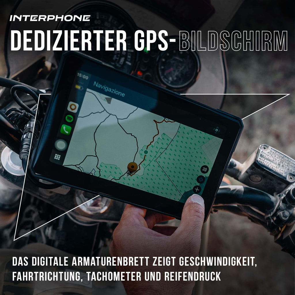 INTERPHONE SYNC70E Essential Motorrad Carplay für Apple und Android – 7 Zoll WiFi- und Bluetooth-Motorrad-Display für Smartphone-Mirroring – Carplay Display mit QUIKLOX- Halterung, IP66 wasserdicht