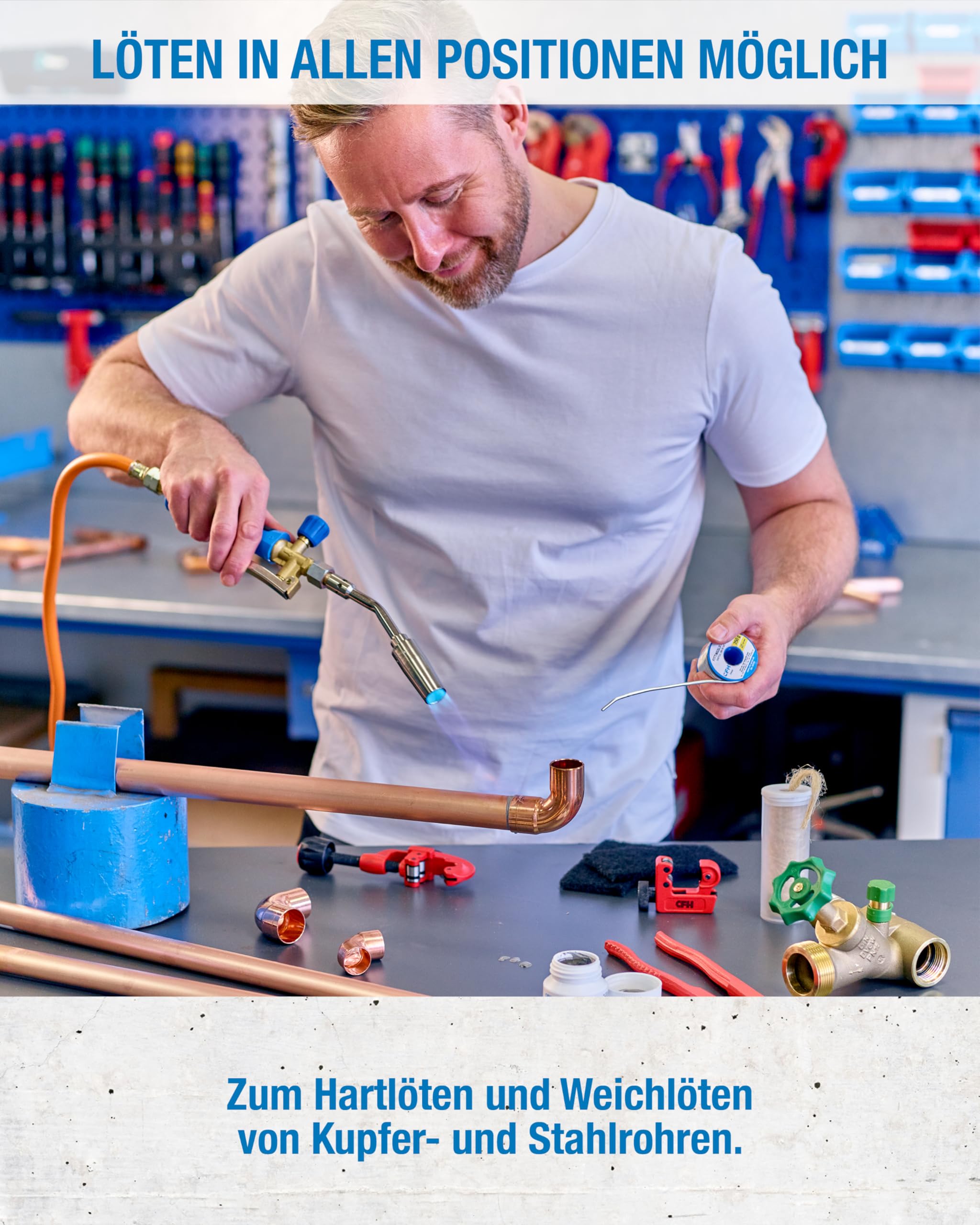 CFH Turbo Handlötgerät GT 2000 - Lötbrenner, Leistungsstarkes Lötgerät zum Hart- und Weichlöten, Gas Lötkolben mit Gasschlauch 1,5 m 3/8“, Arbeitstemperatur von ca. 800 °C