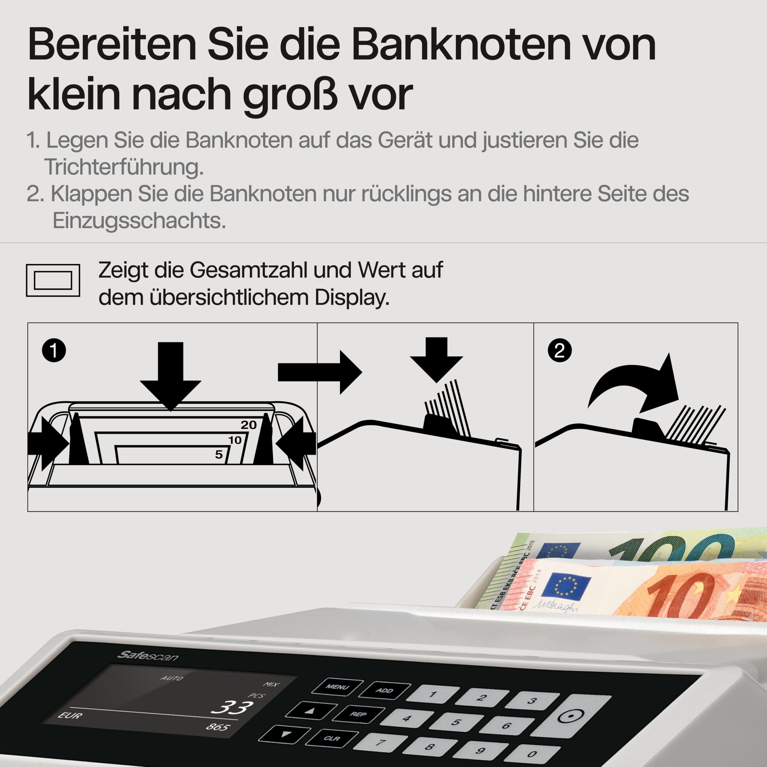 Safescan 2465-S Geldzählmaschine, Wertzählung für gemischte EUR-Banknoten - Banknotenzähler mit 7-facher Echtheitsprüfung - zählt sortierte Banknoten aller Währungen
