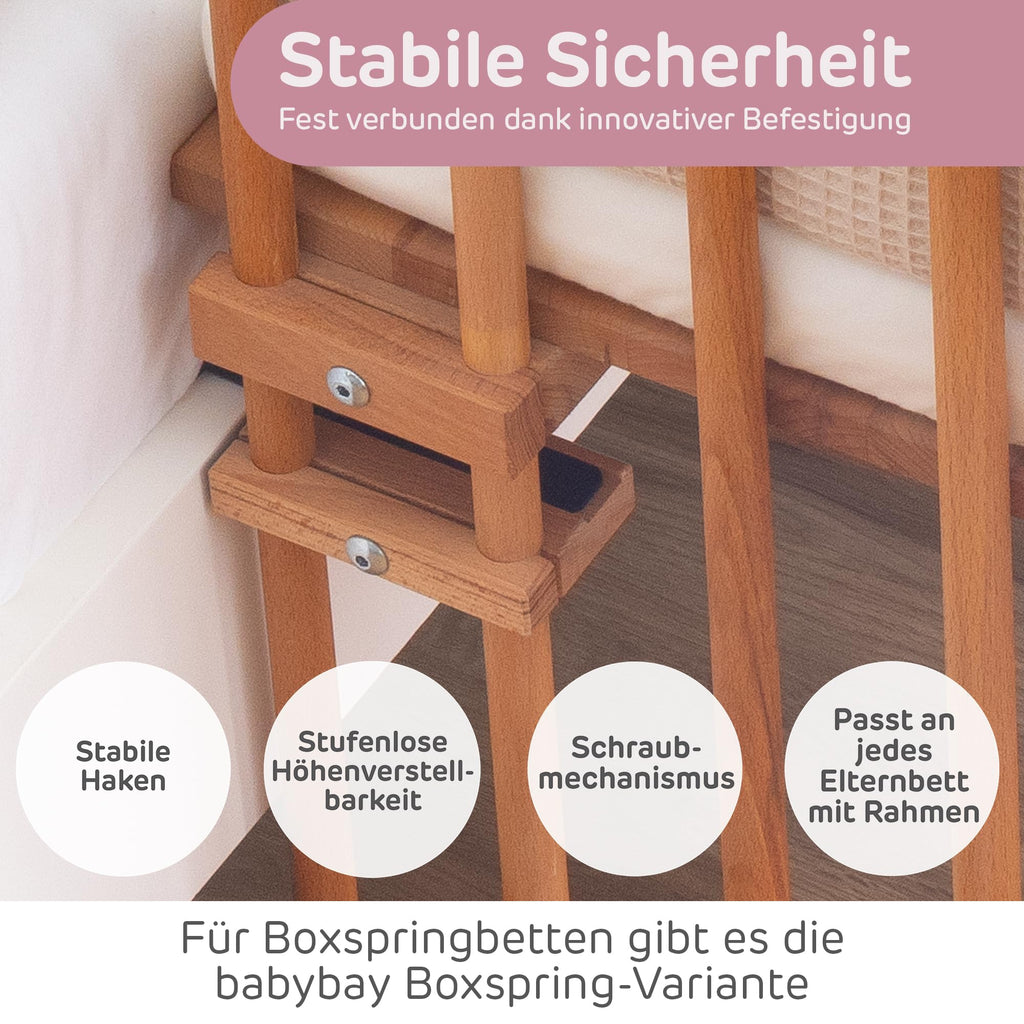 babybay Maxi extra großes Beistellbett aus massivem Buchenholz / Kinderbett Höhe stufenlos verstellbar & umweltfreundlich / mitwachsendes Babybett (kernbuche geölt)