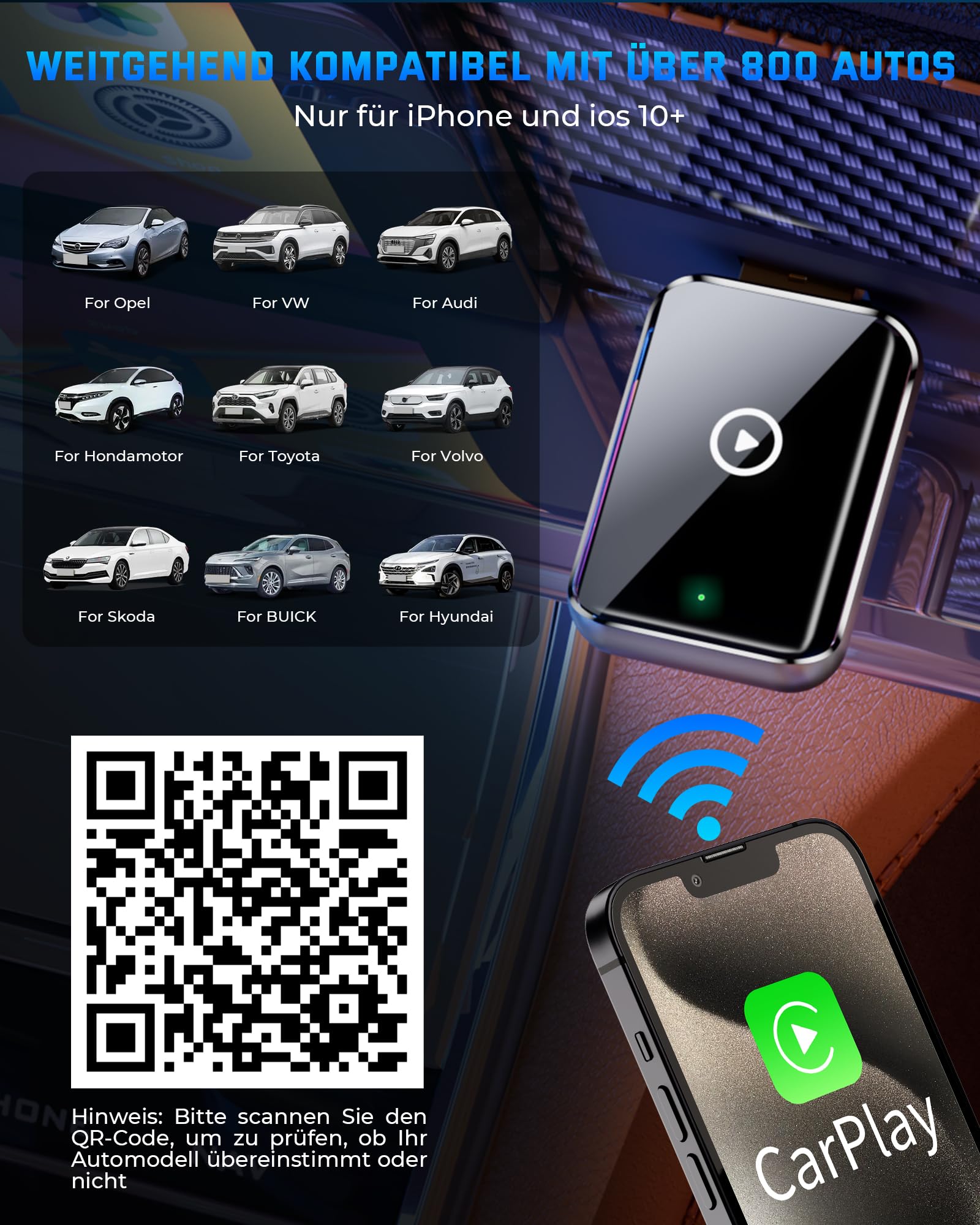 2025 Wireless Carplay Adapter für iPhone - Converts Wired to Wireless carplay Adapter, Mini Plug & Play Carplay for Cars from 2017 & for iPhone iOS 10+, USB & Type-C