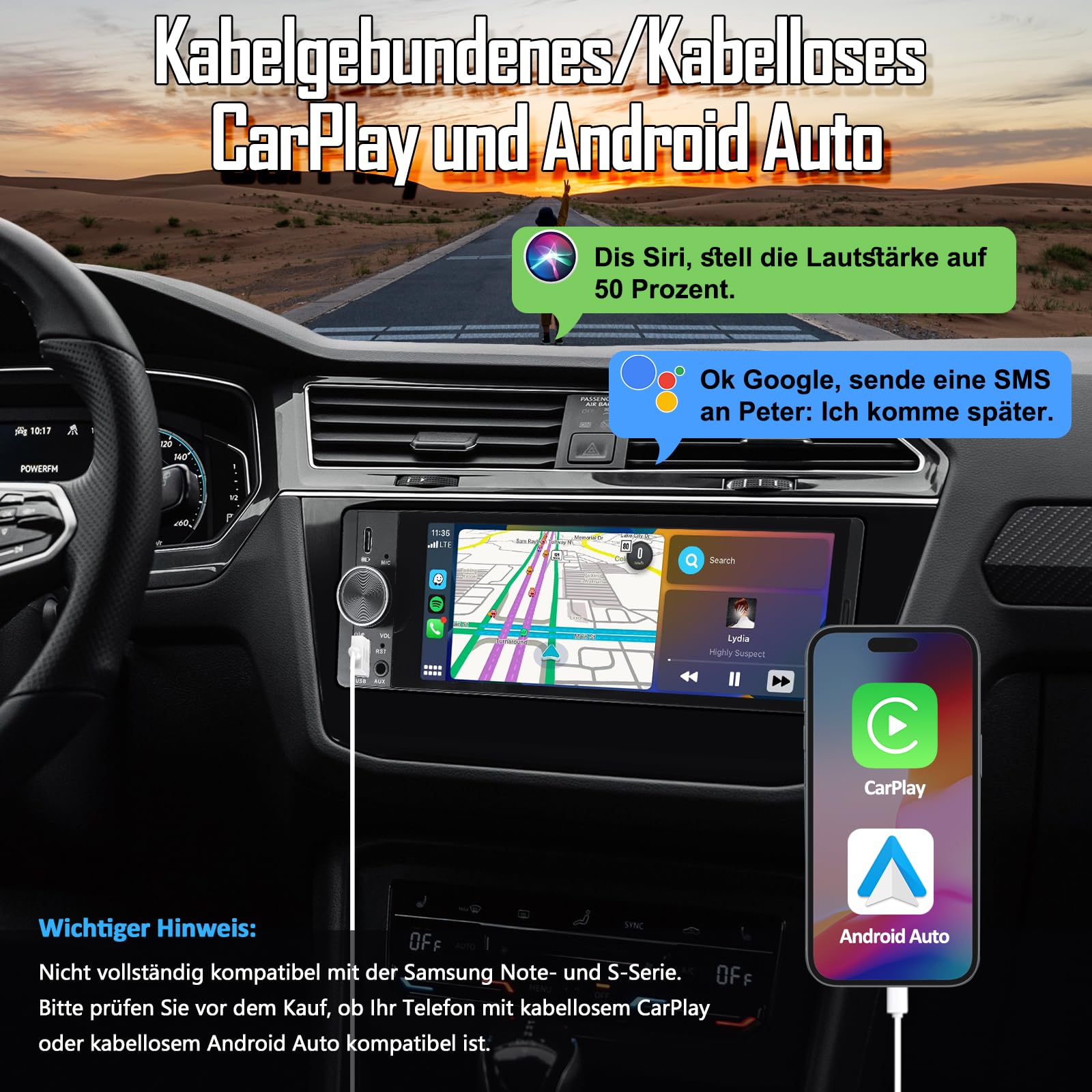 1 DIN Autoradio mit Wireless CarPlay & Android Auto, 6,36 Zoll Auto Radio mit Bildschirm, Rückfahrkamera, FM, Bluetooth, Freisprecheinrichtung, Aux-Eingang, Lenkradsteuerung, Equalizer, Mirror Link